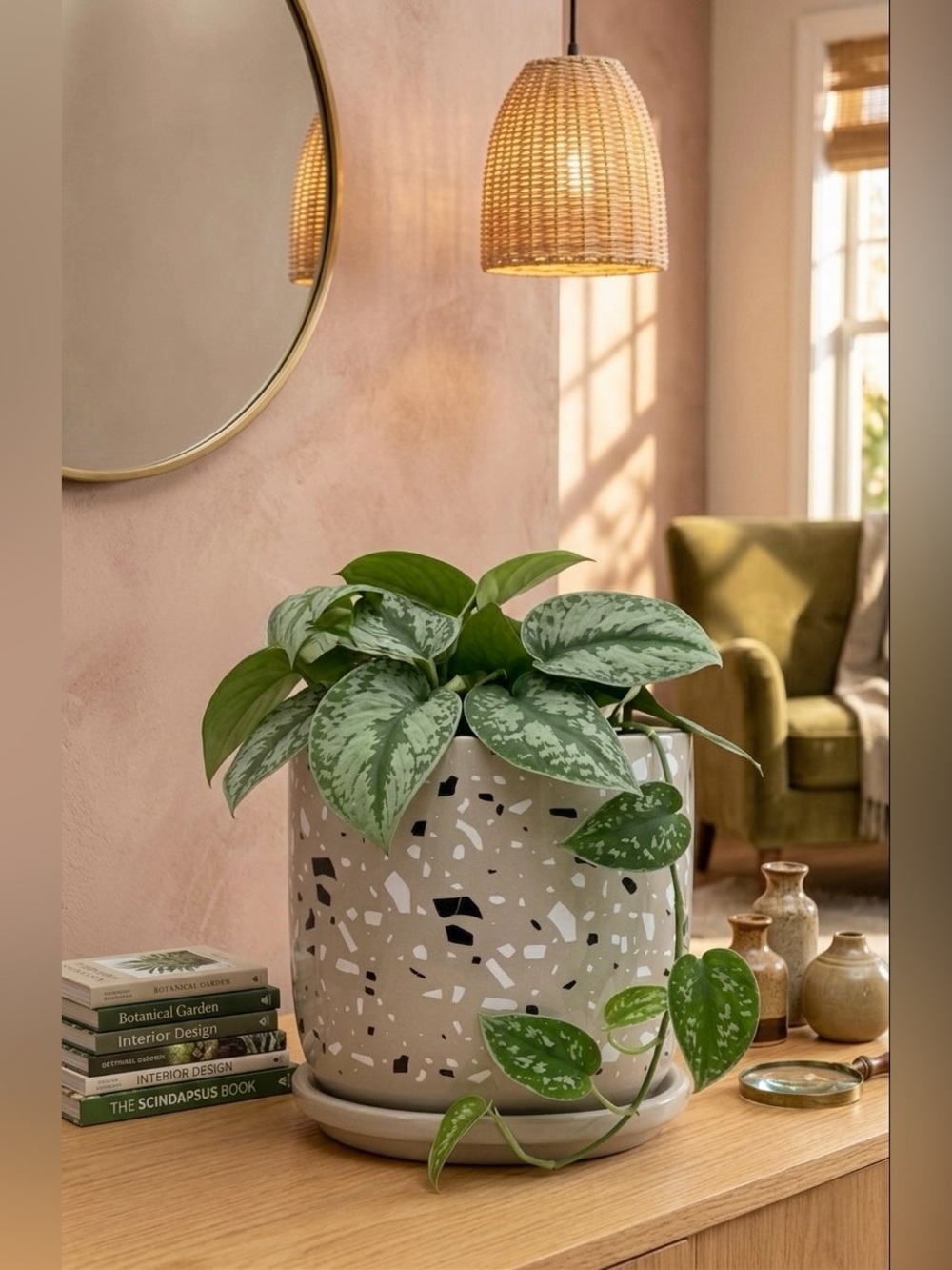 6 inch Ceramic Planter, Beige Terrazzo Plant Pot, Modern Boho Flower Pot